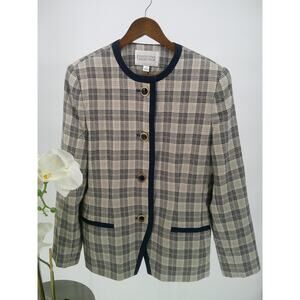 Vtg Executive Collection Womens Navy Beige Plaid 4 Button Lined Blazer Size 14